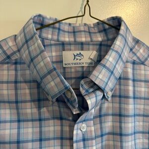 Southern Tide Men's Light Blue and Pink Plaid Shirt